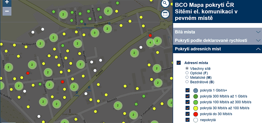 Mapa internetu - dotační projekt výstavby optických sítí pro ZSJ ve Středočeském kraji