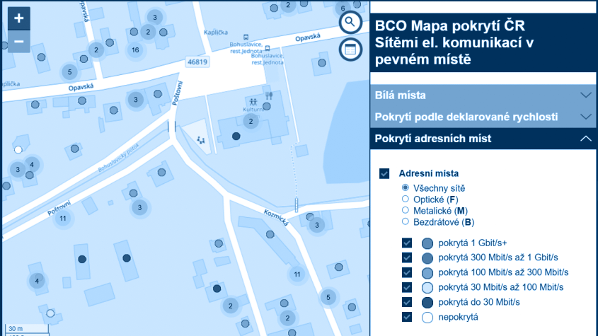 Mapa pokrytí sítěmi el. komunikací