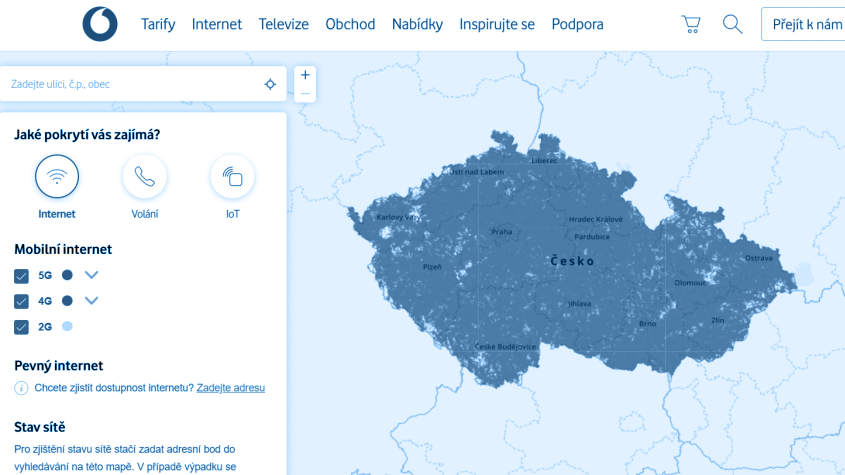 Mapa pokrytí Vodafone
